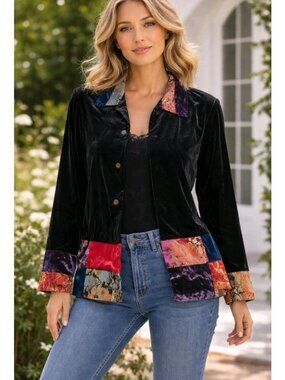 Vintage Womens Velvet Blazer Jacquard Patchwork Preppy Festival Size Large Black